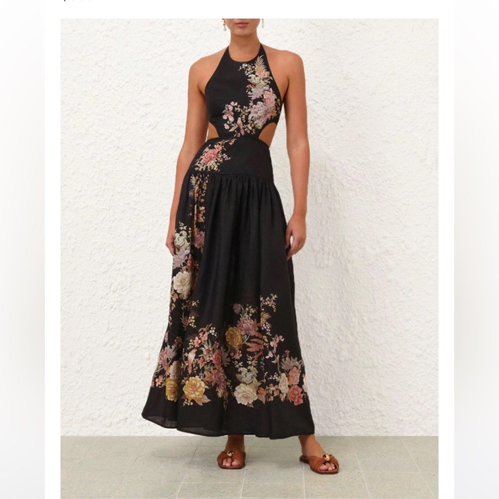 Floral Halter Black Dress